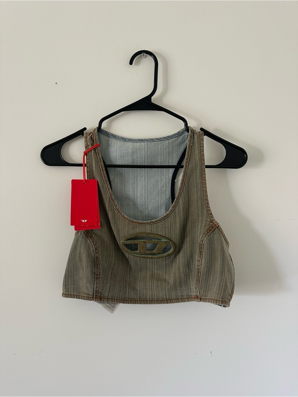 Diesel Olive-Gray Striped Cropped Tank with Logo Patch